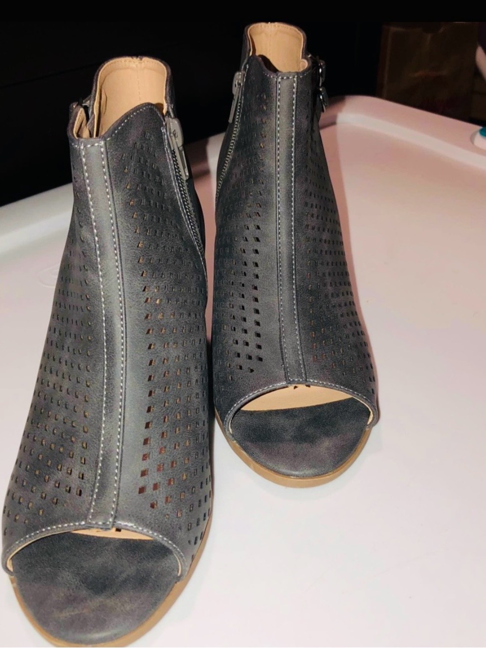 Women’s Perforated Peep-Toe Ankle Mules - dark grey faux suede